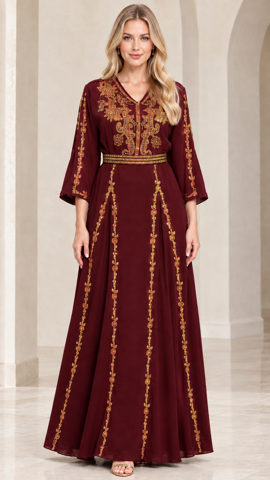 Burgundy embroidered V-neck floor-length maxi dress