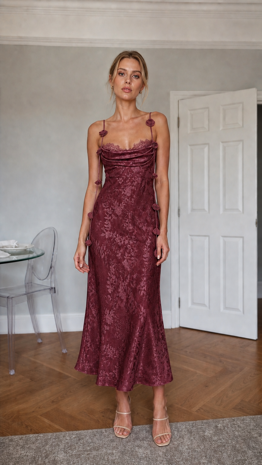 Burgundy satin floral midi dress front view