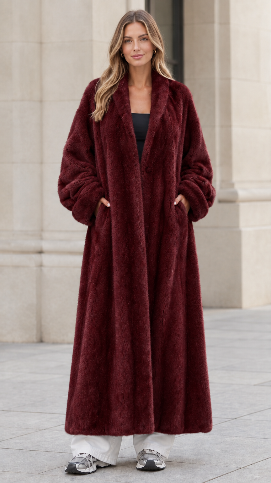 Front view of woman wearing deep burgundy red plush faux fur maxi coat