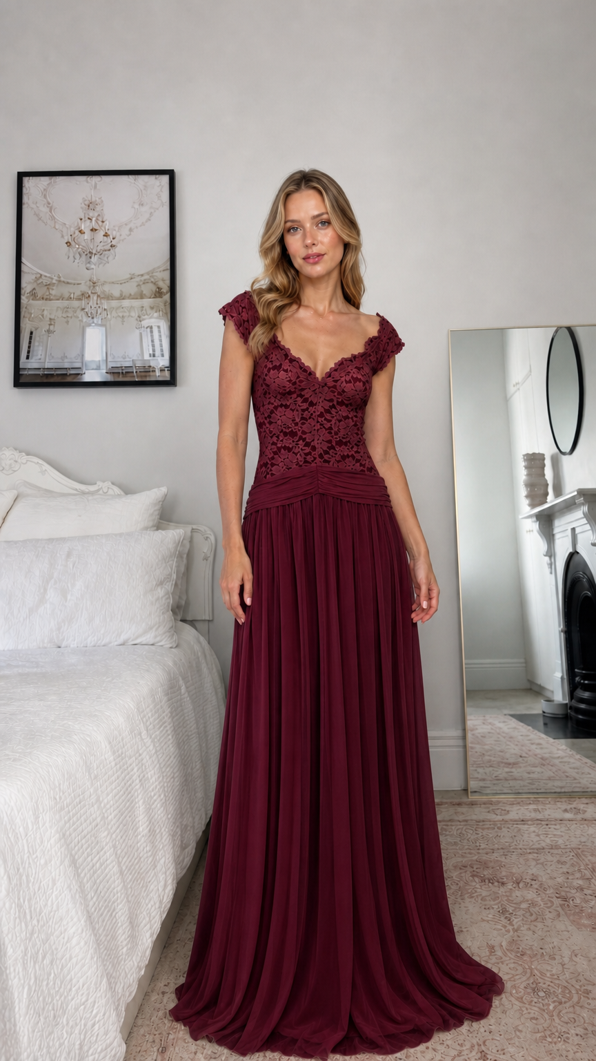 Front view of model wearing burgundy lace evening dress