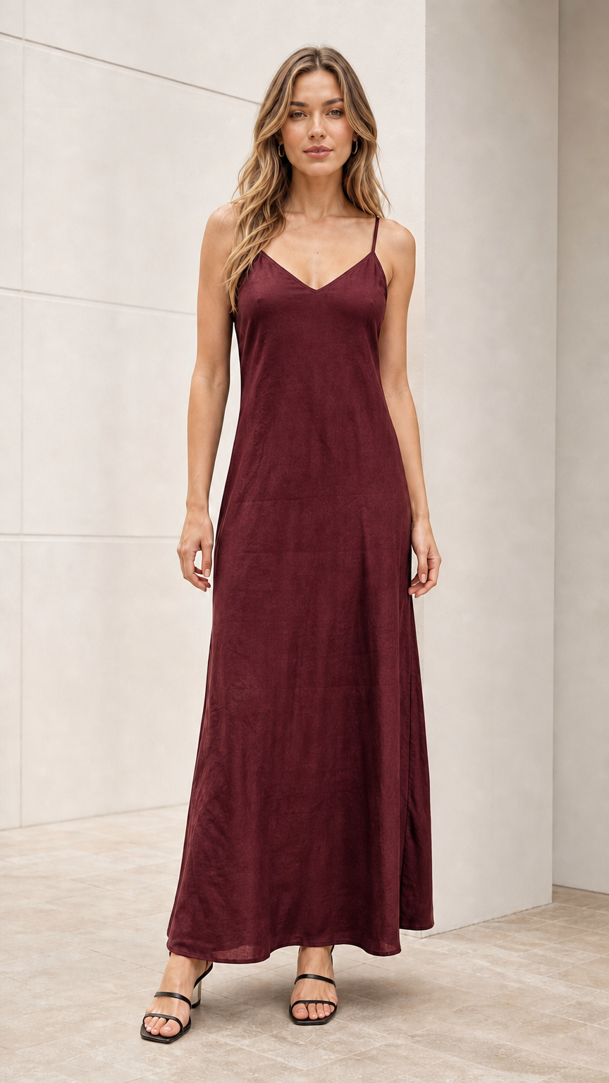 Model wearing burgundy maxi slip dress