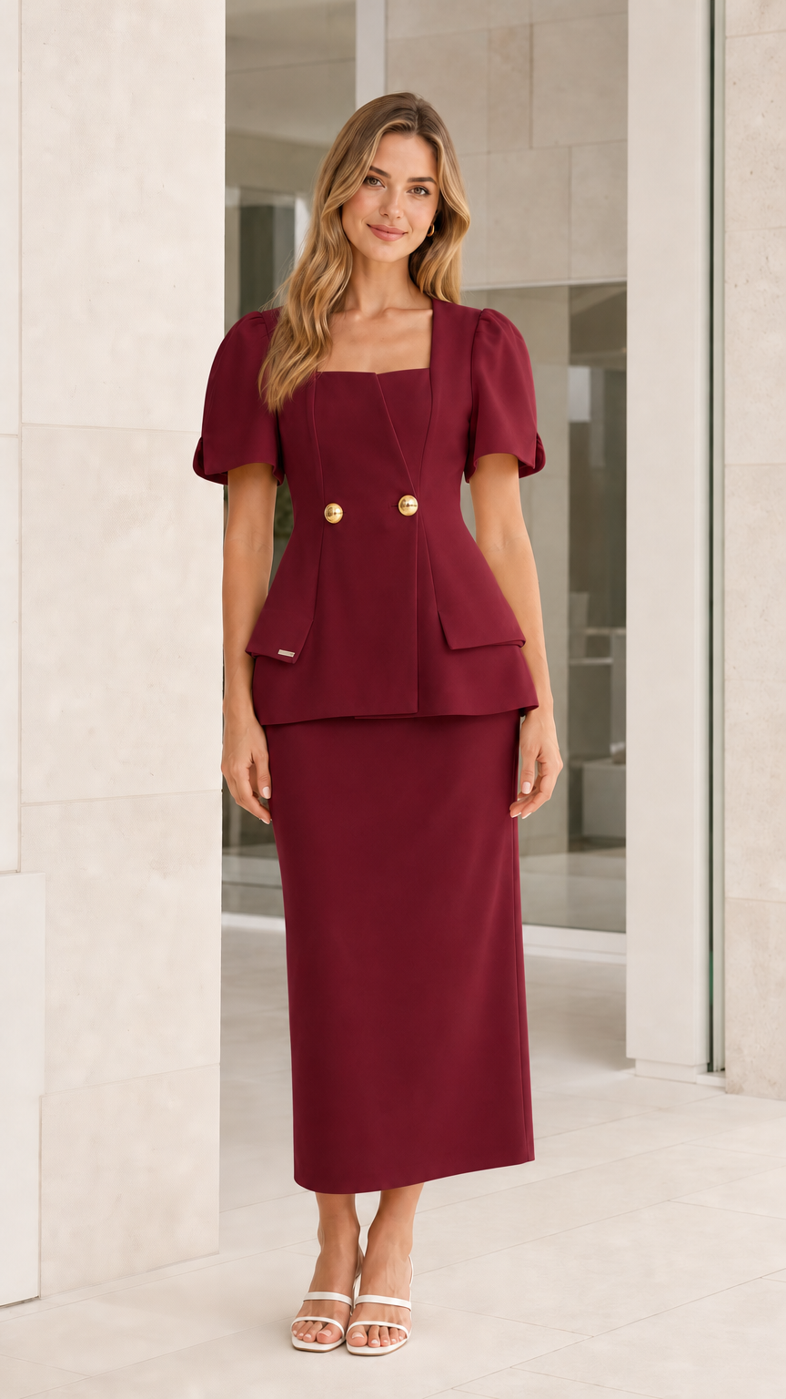 Front view of burgundy skirt set