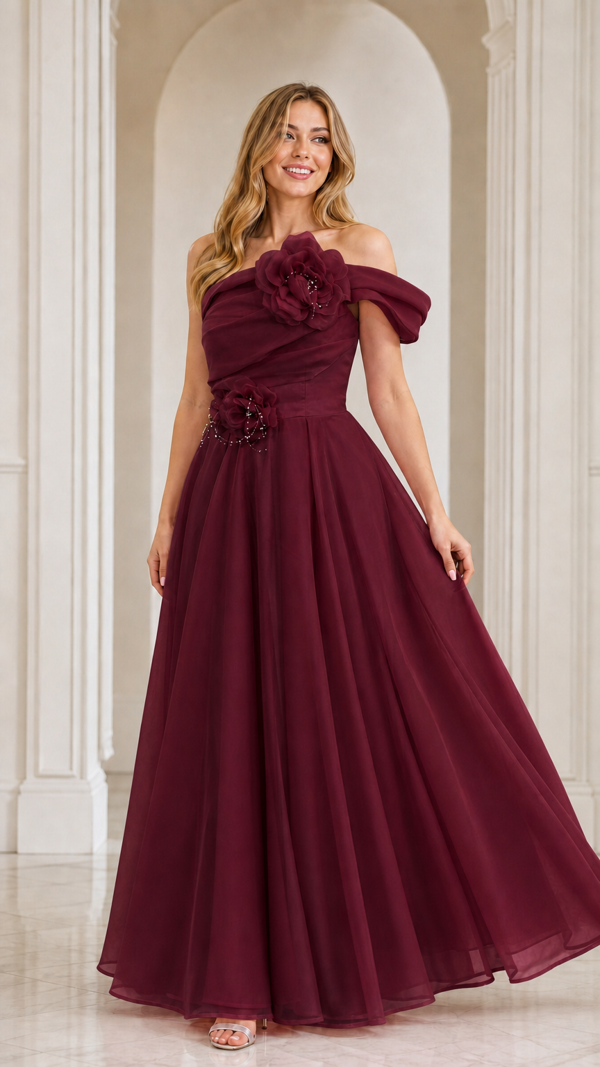 Burgundy wine off-the-shoulder floral appliqué evening gown