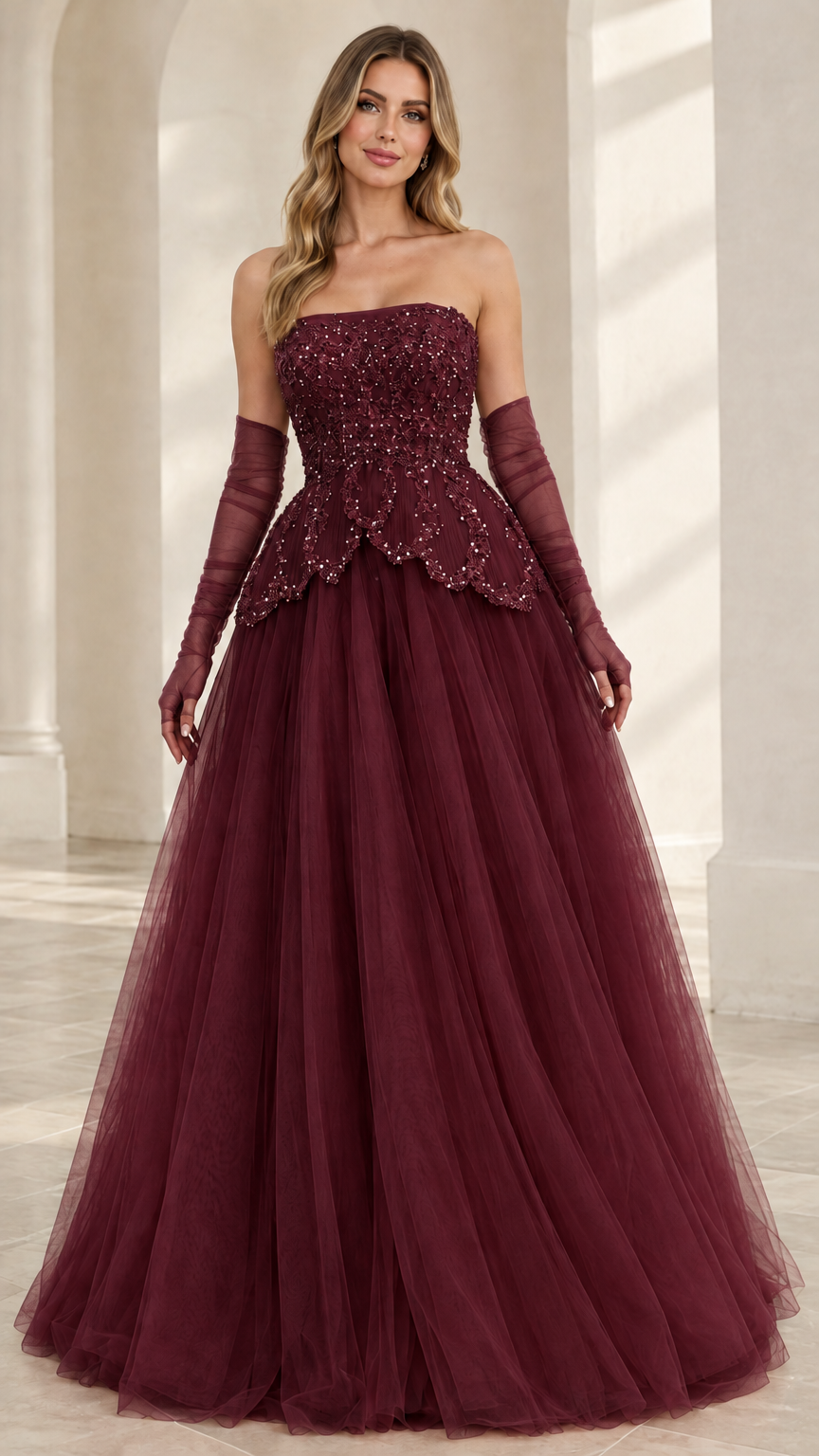 Front view of model wearing Burgundy wine strapless beaded tulle ball gown