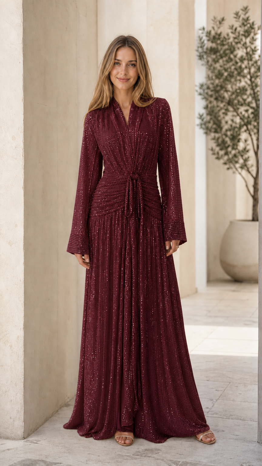 Burgundy wine red pleated shimmer long sleeve maxi dress