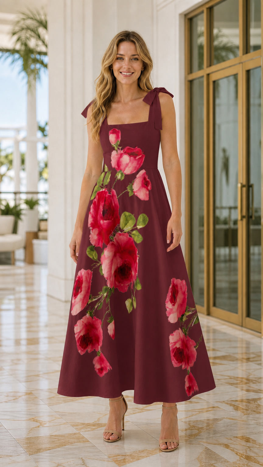 Front view of woman wearing burgundy floral maxi dress