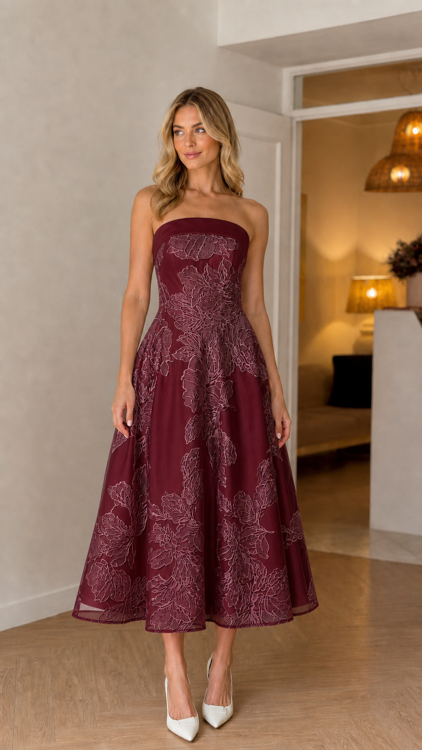Model wearing burgundy strapless floral embroidered midi dress