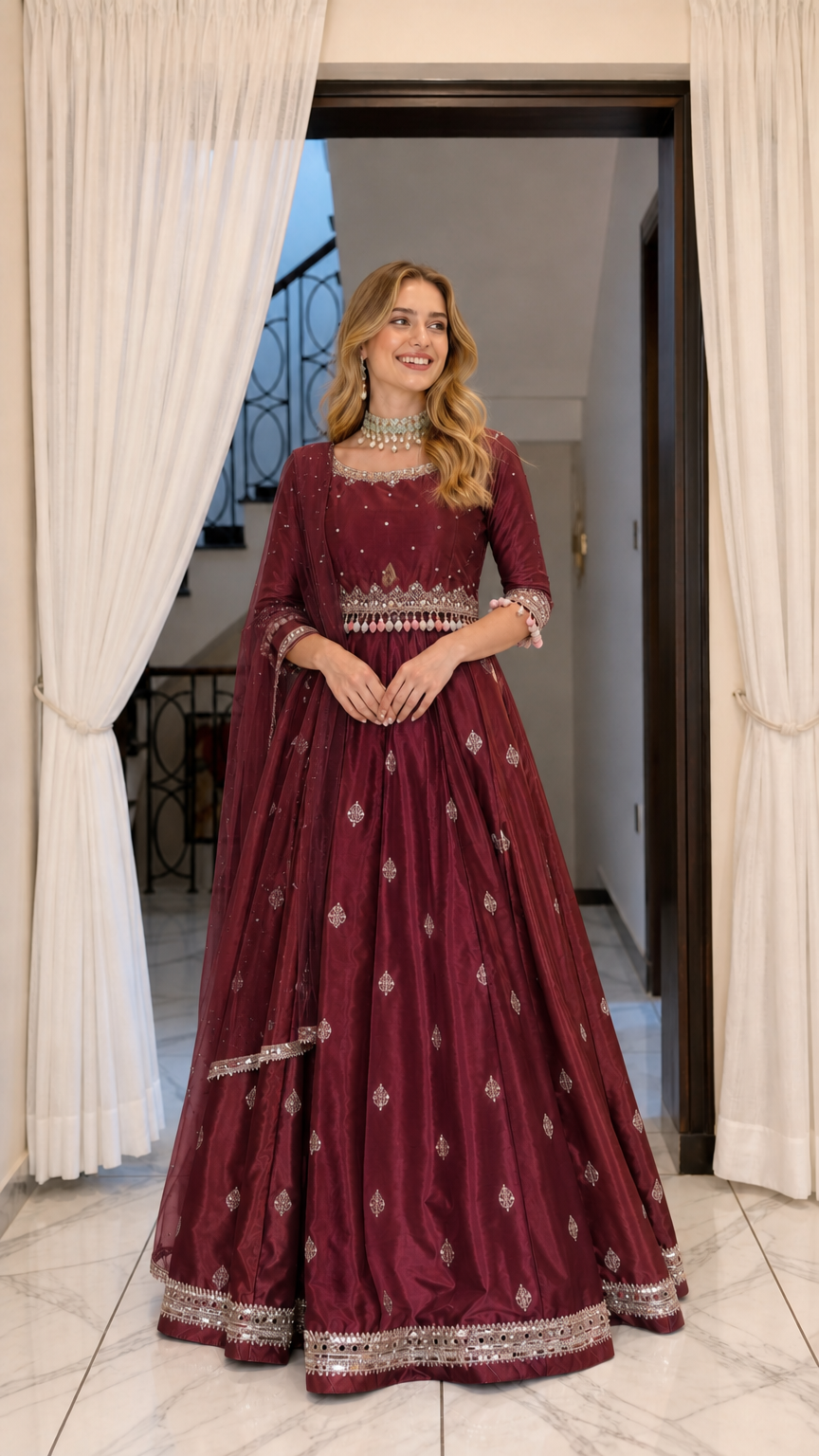 Model wearing deep burgundy red embroidered Anarkali maxi gown with matching sheer dupatta
