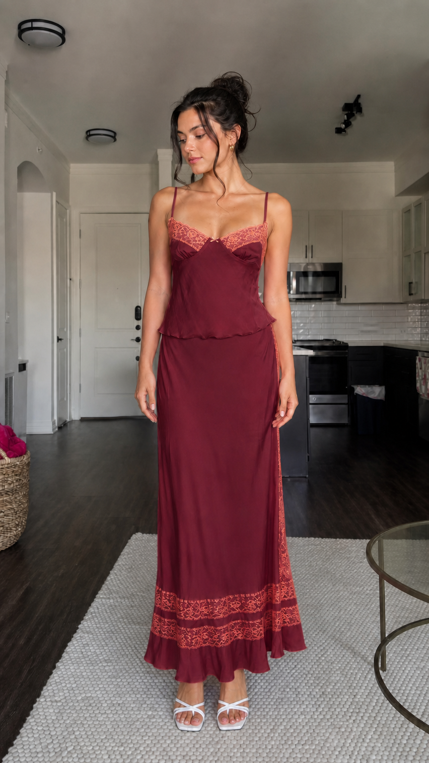 Model wearing burgundy two-piece satin set