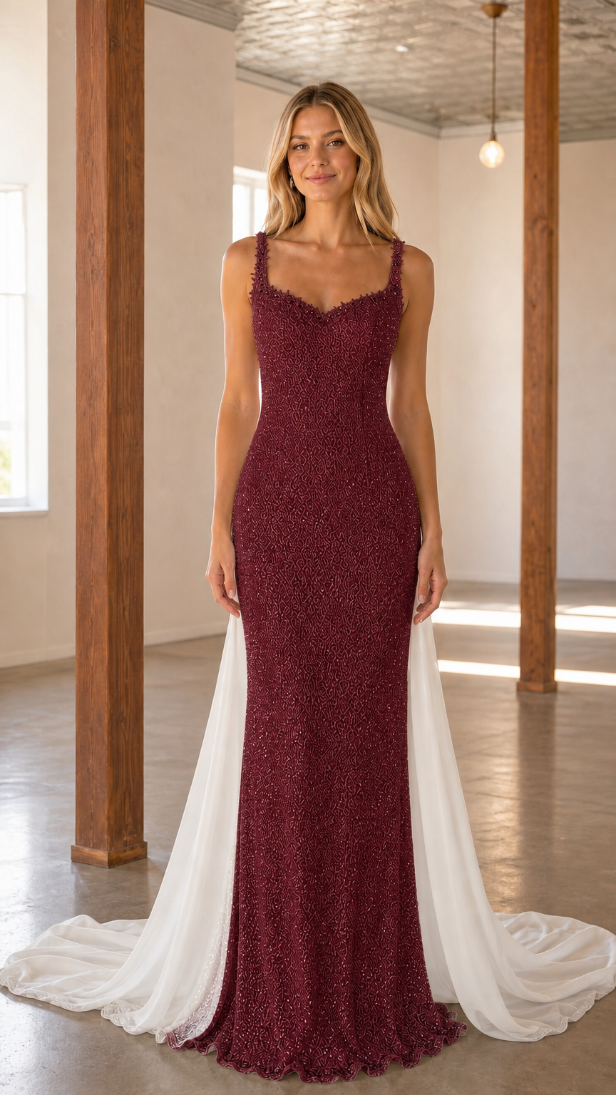 Front view of burgundy evening gown variant