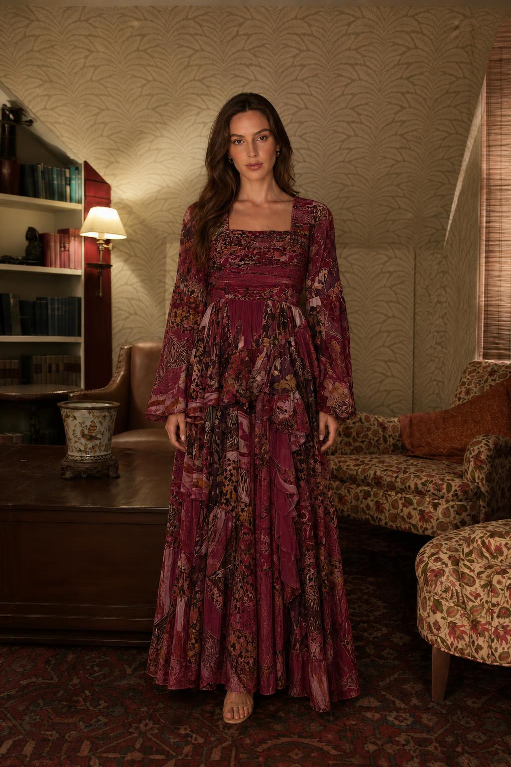 Boho Chic Printed Long Sleeve Ruffle Maxi Dress in Burgundy