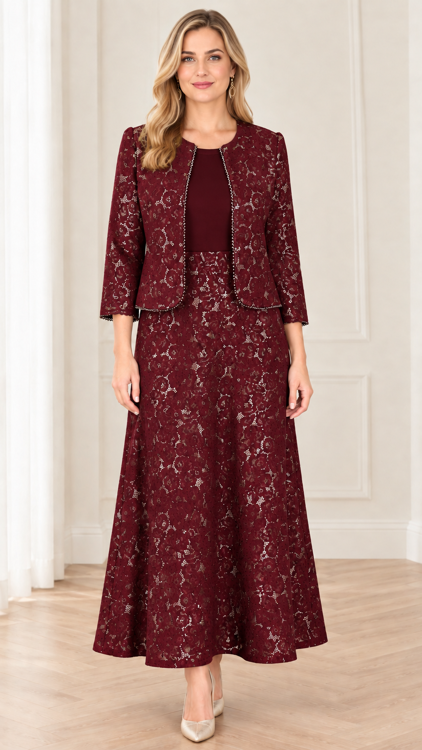 Front view of burgundy red floral lace two-piece maxi dress with beaded jacket