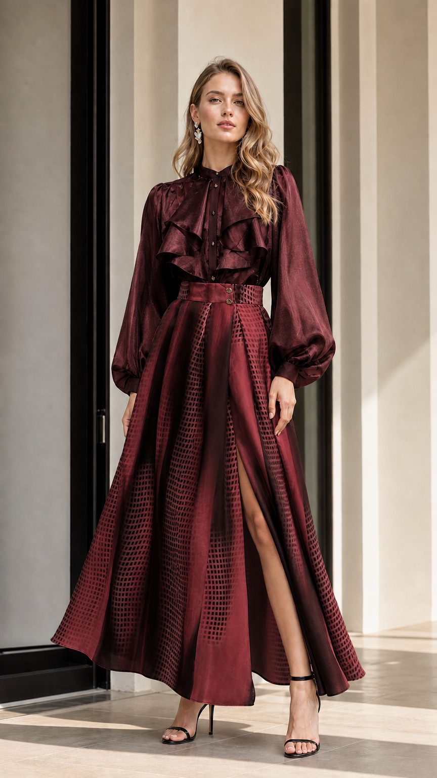 Model wearing burgundy gradient maxi skirt with matching blouse