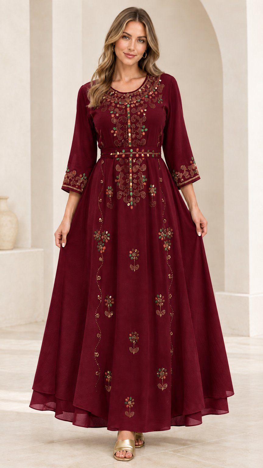 Front full-length view of woman wearing Burgundy embroidered beaded maxi dress
