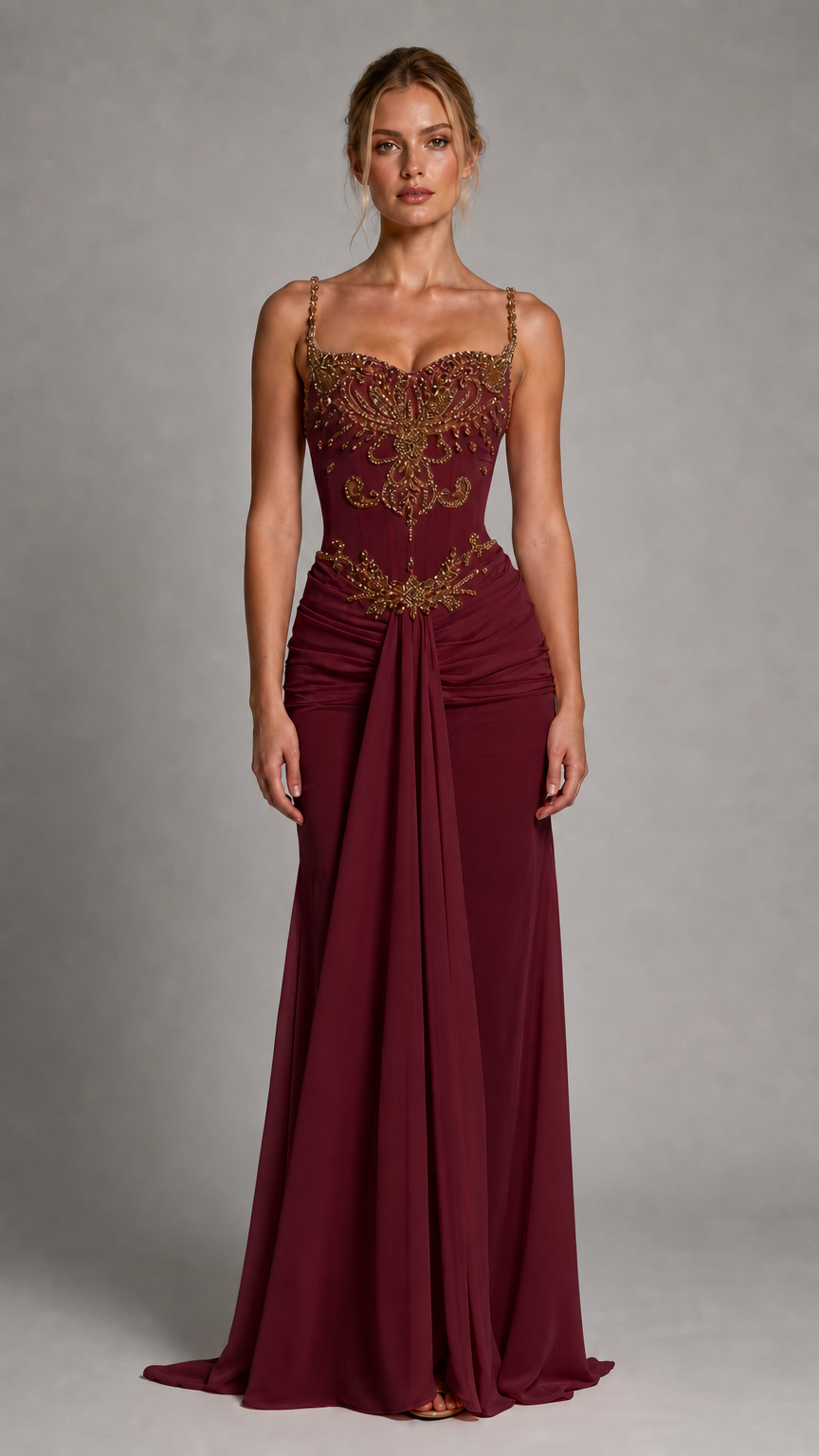 Front view of burgundy evening gown variant