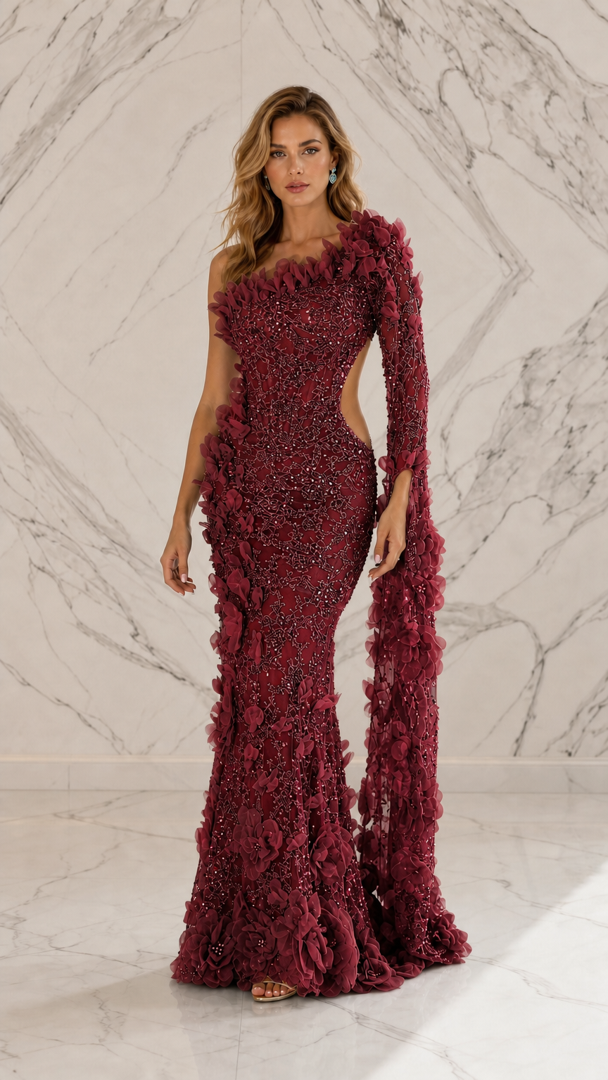 Burgundy variant of one-shoulder floral cutout evening dress