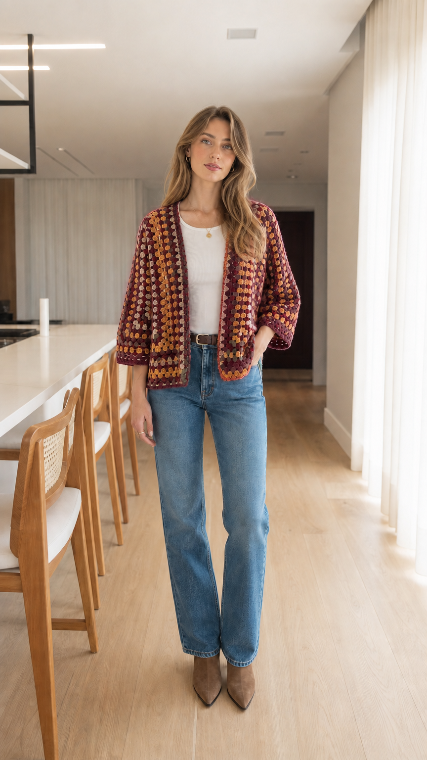 Woman wearing Wine Multi burgundy tones crochet open front cardigan jacket