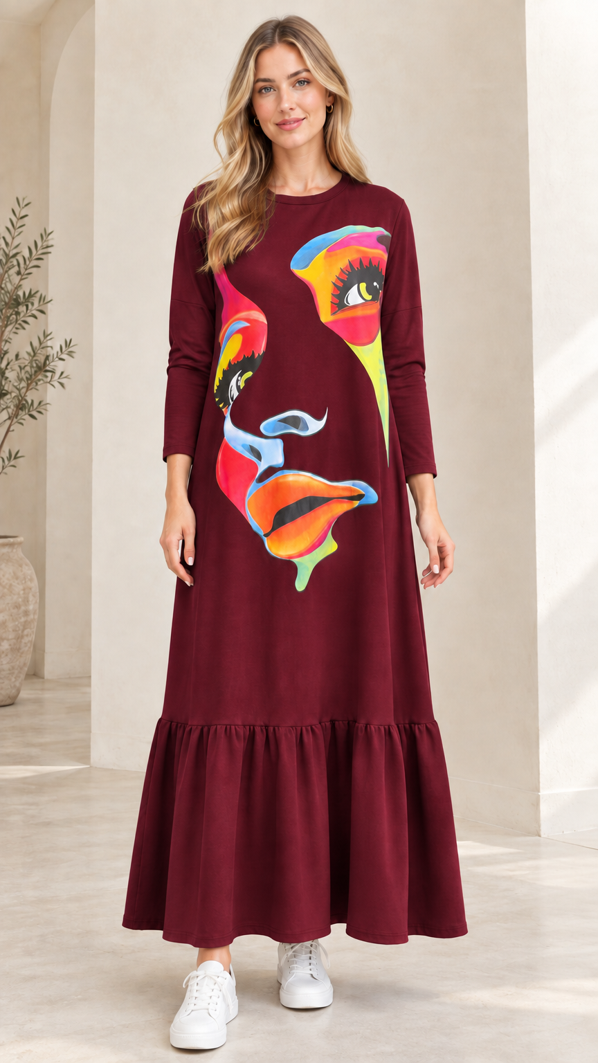 Full-length view of woman wearing Burgundy abstract graphic print tiered maxi dress