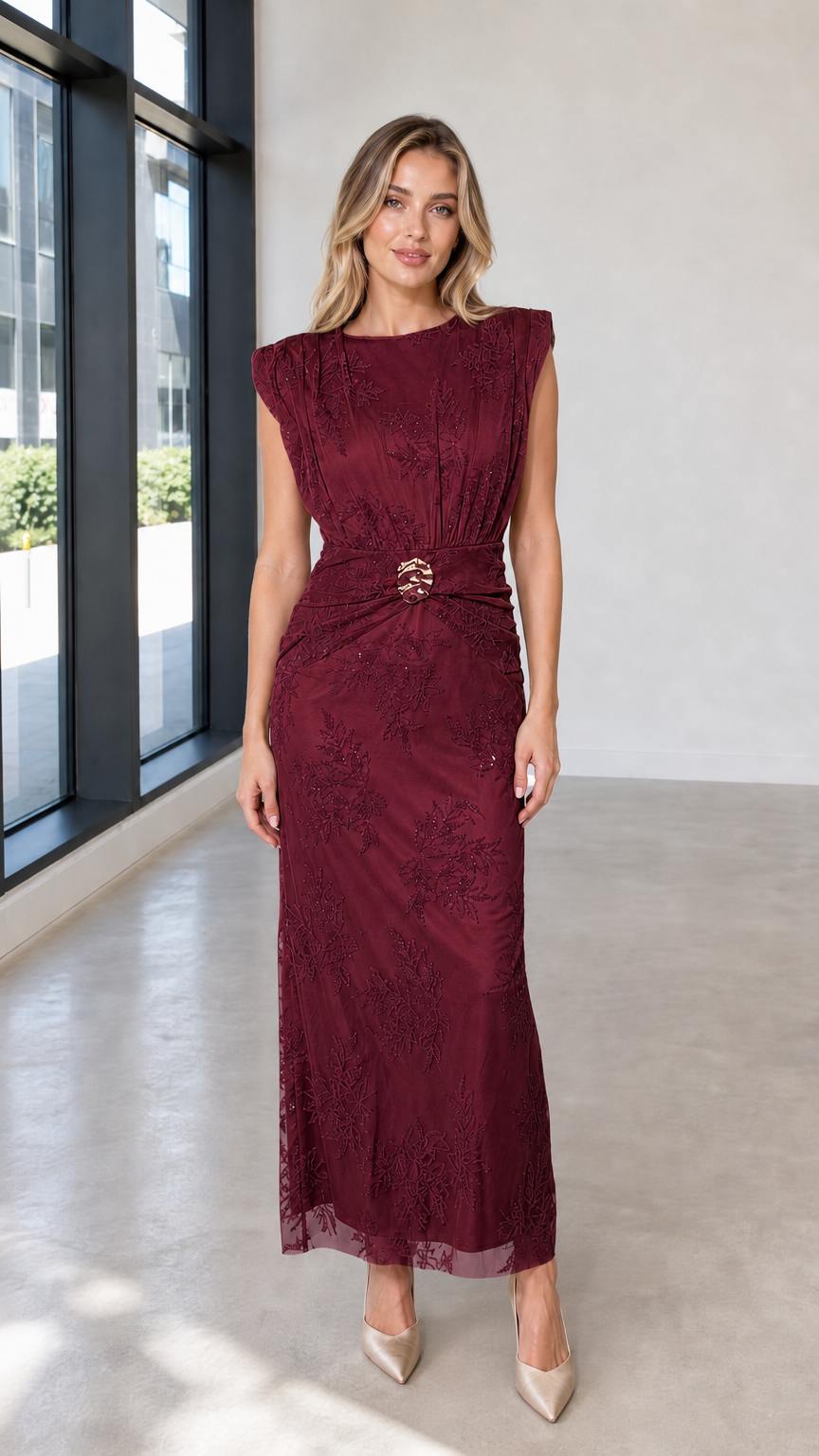 Front view of burgundy embroidered maxi dress