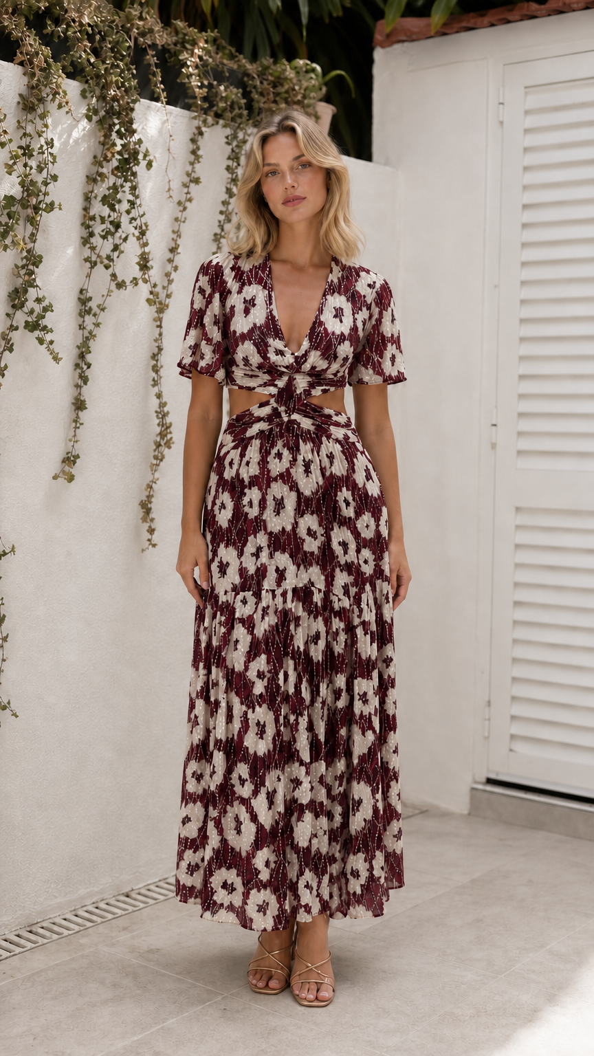 Model wearing burgundy floral cutout maxi dress