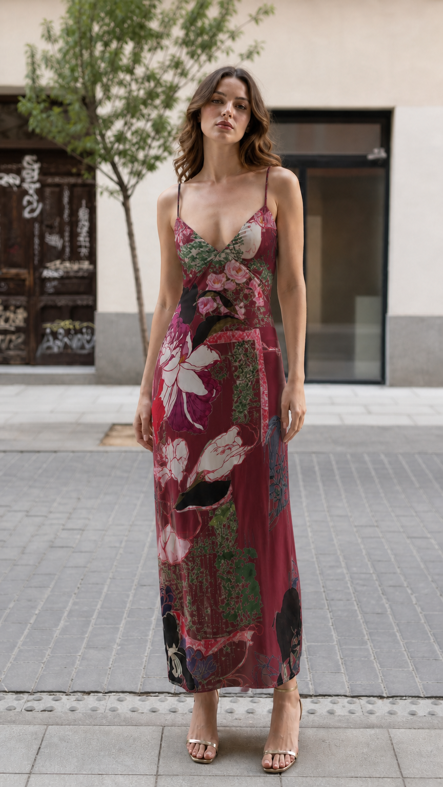 Front view of model wearing Burgundy floral print maxi dress