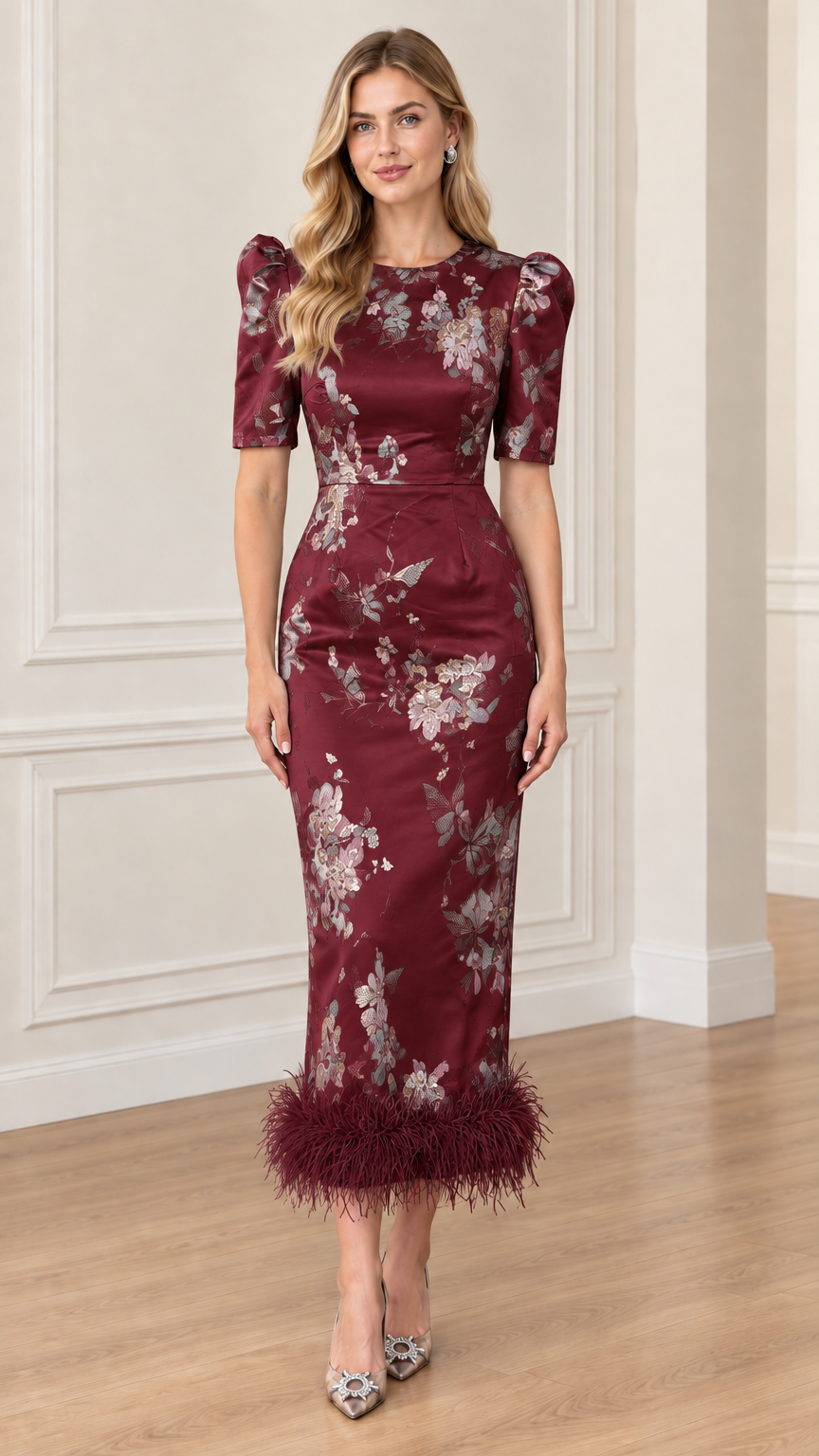Front view of Burgundy wine floral jacquard midi dress with feather hem