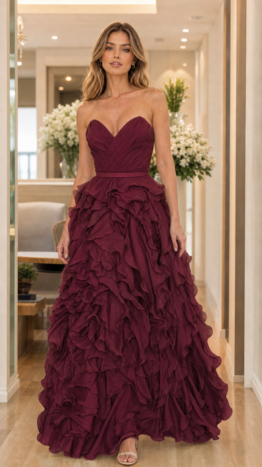 Model wearing burgundy strapless ruffled evening dress