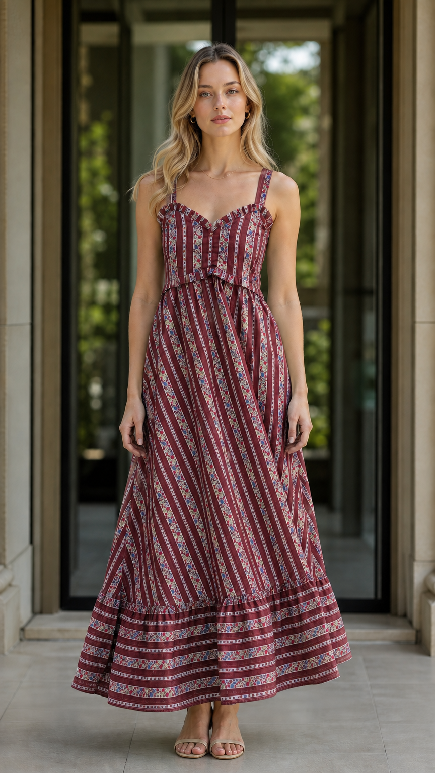 Front view of burgundy floral striped maxi dress variant