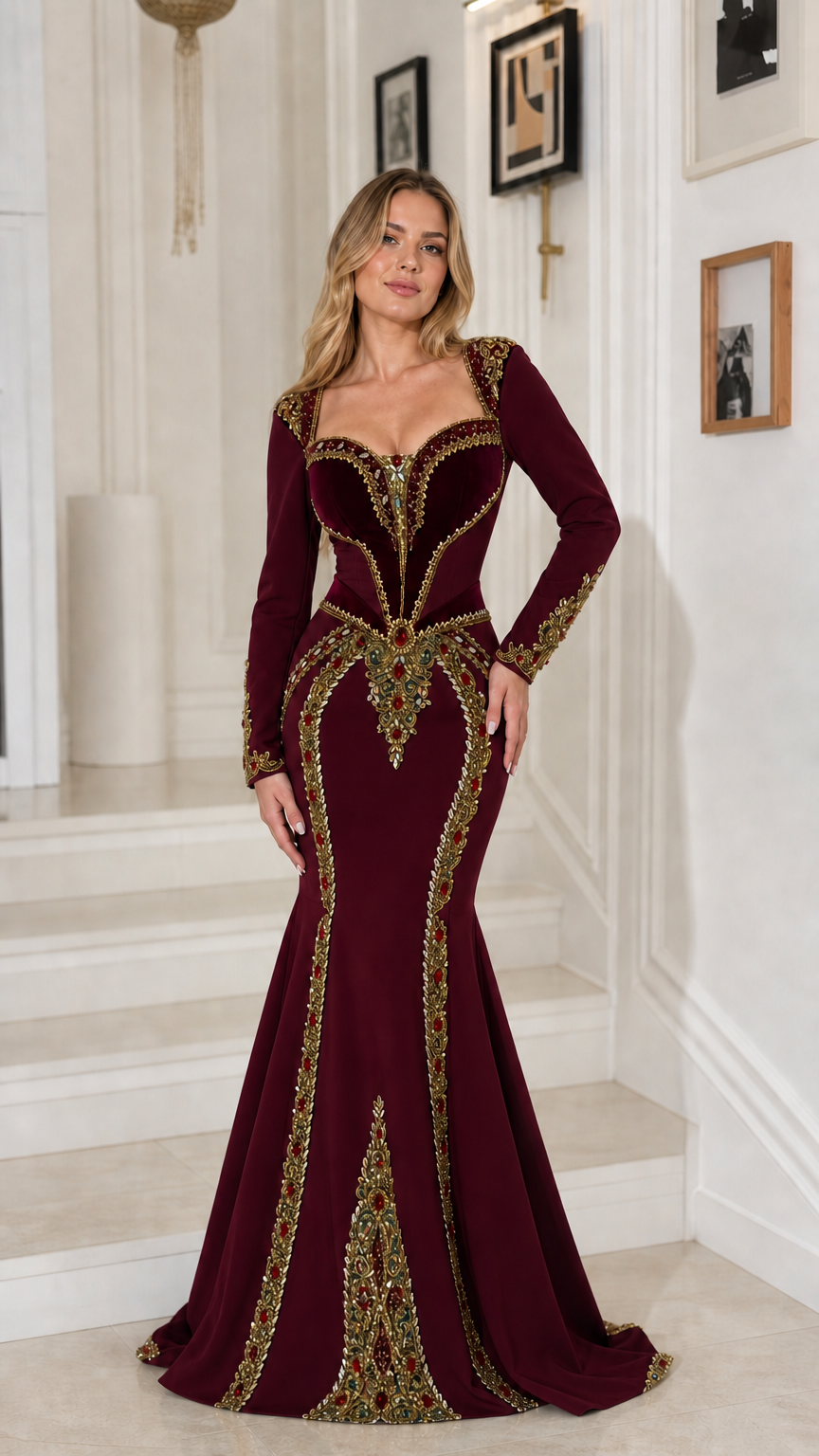 Burgundy long sleeve embroidered mermaid evening gown