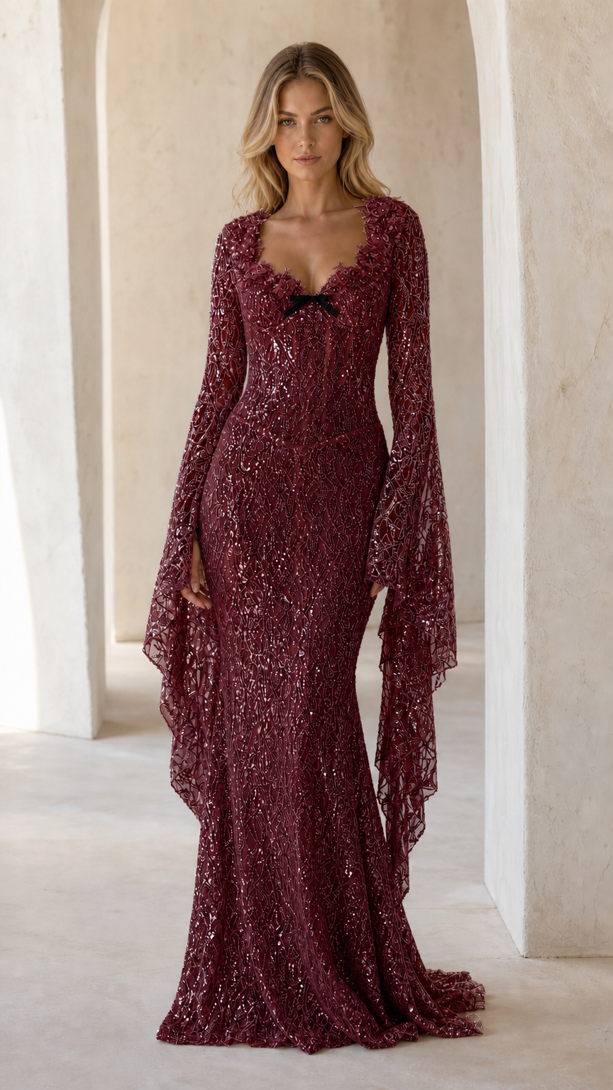 Full front view of burgundy wine sequin mermaid evening gown with dramatic bell sleeves