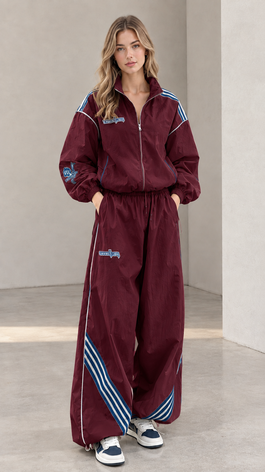 Front view of woman wearing burgundy two-piece tracksuit set with blue stripes