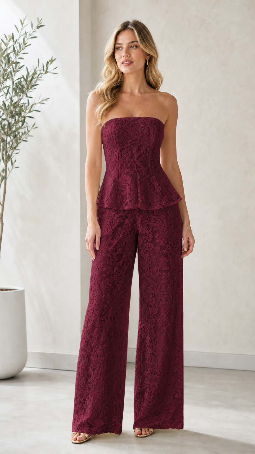 Model wearing burgundy red strapless lace peplum wide leg jumpsuit