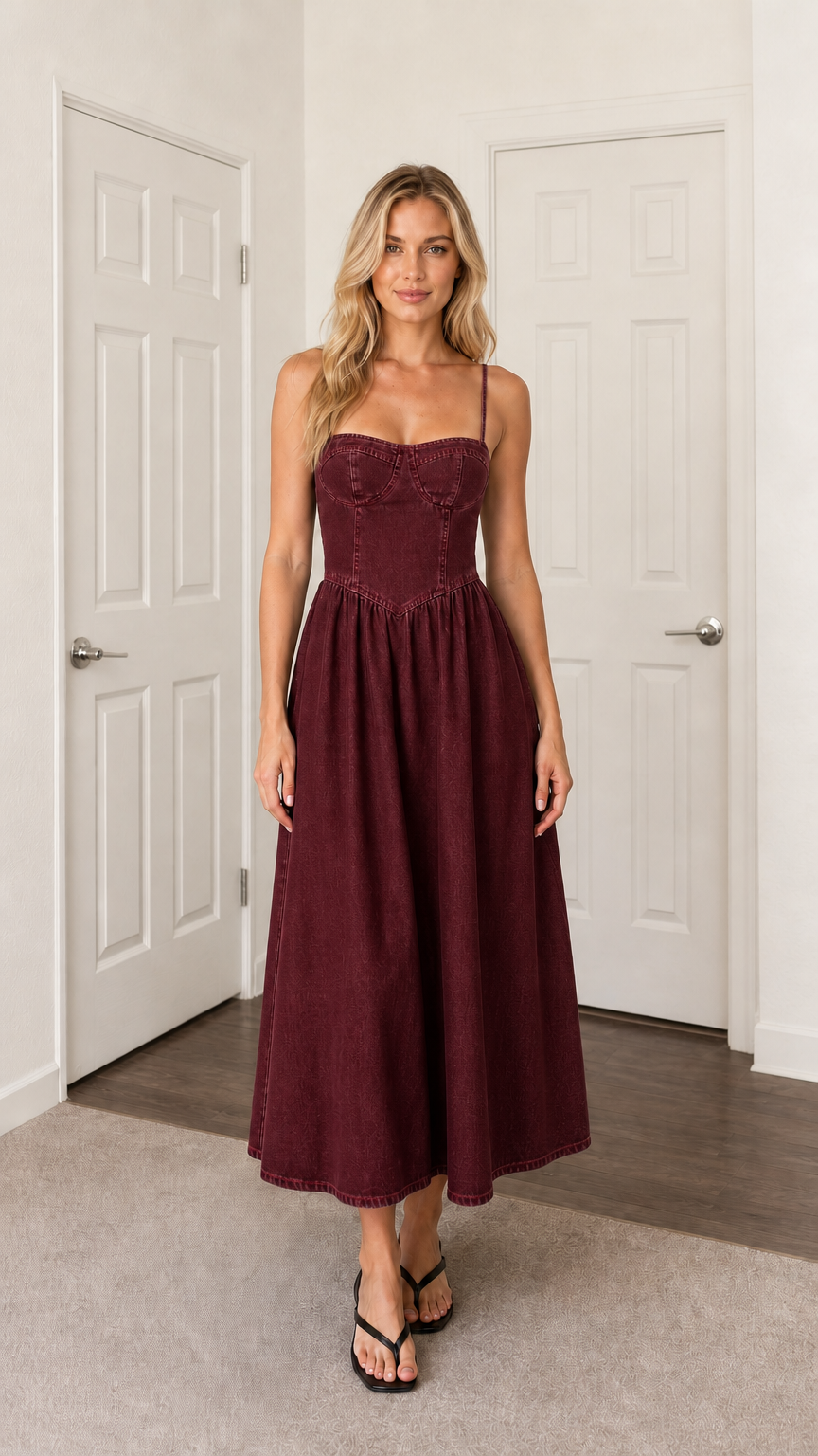 Front view of woman wearing burgundy denim midi dress