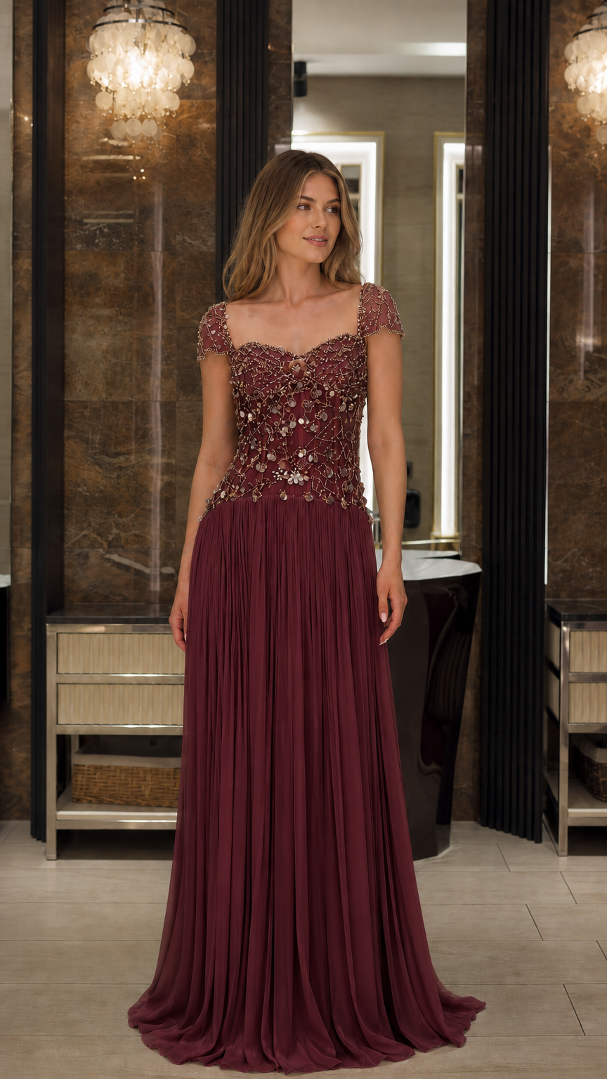 Front view of model wearing the Burgundy wine red beaded bodice pleated evening gown