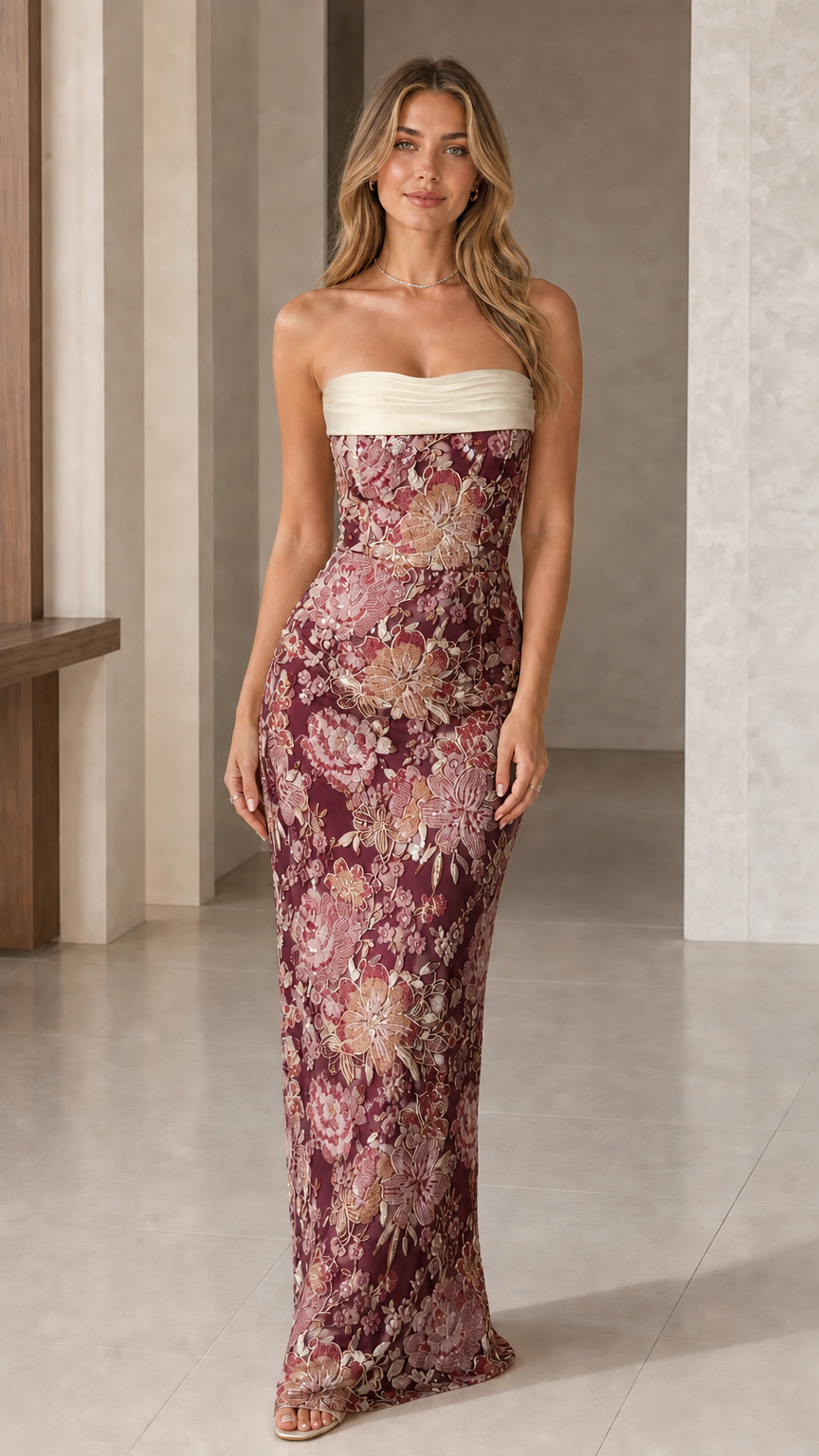 Burgundy strapless floral embroidered maxi evening gown front view