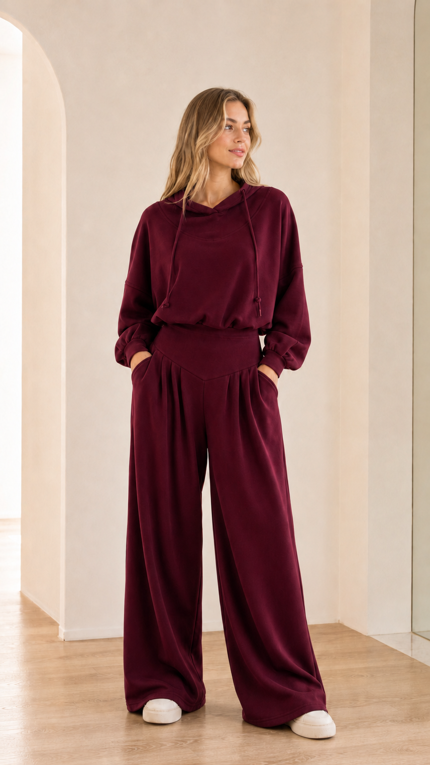 Full-body view of model wearing burgundy wine 2-piece wide-leg hoodie set