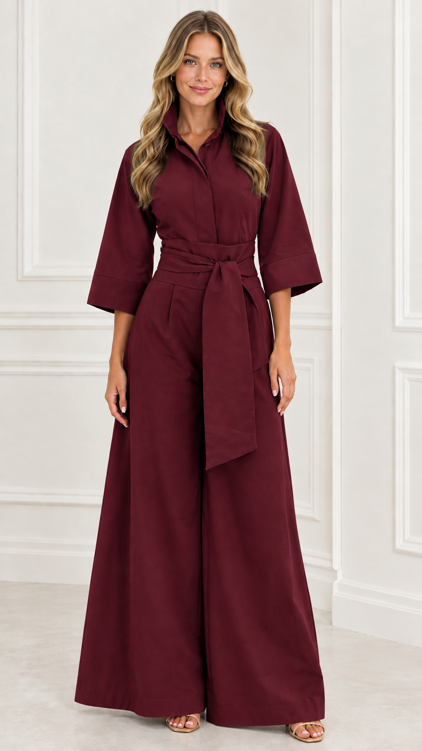 Front view of woman wearing a burgundy red collared wide-leg jumpsuit with belt