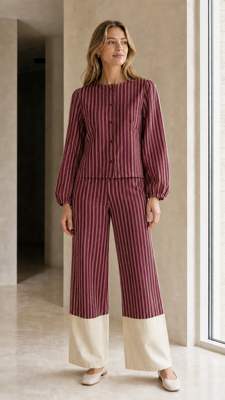 Woman wearing burgundy striped matching set
