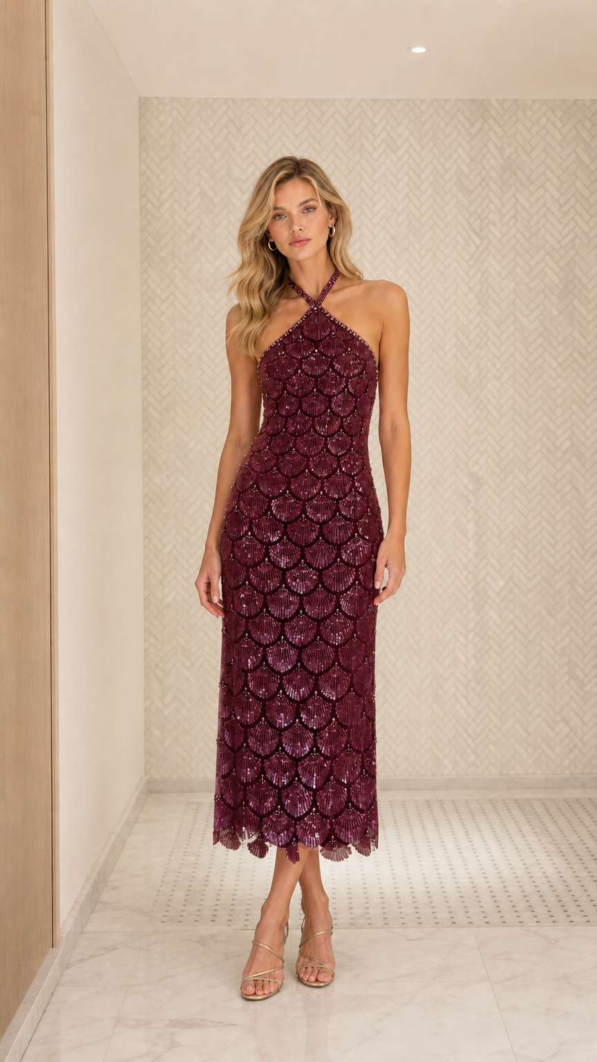 Front view of model wearing burgundy sequin halter midi dress