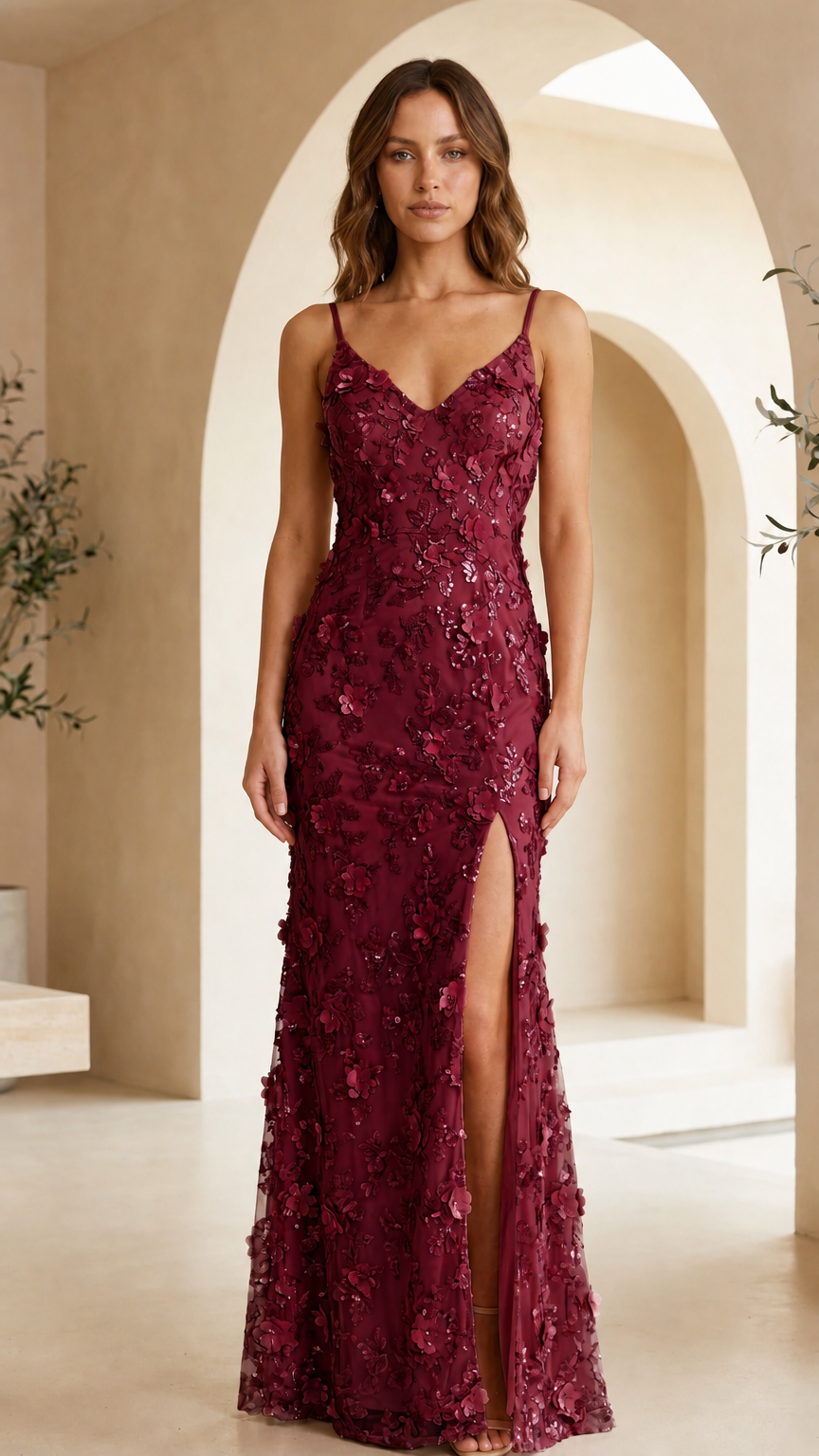Model wearing burgundy wine red sequin floral applique formal maxi gown