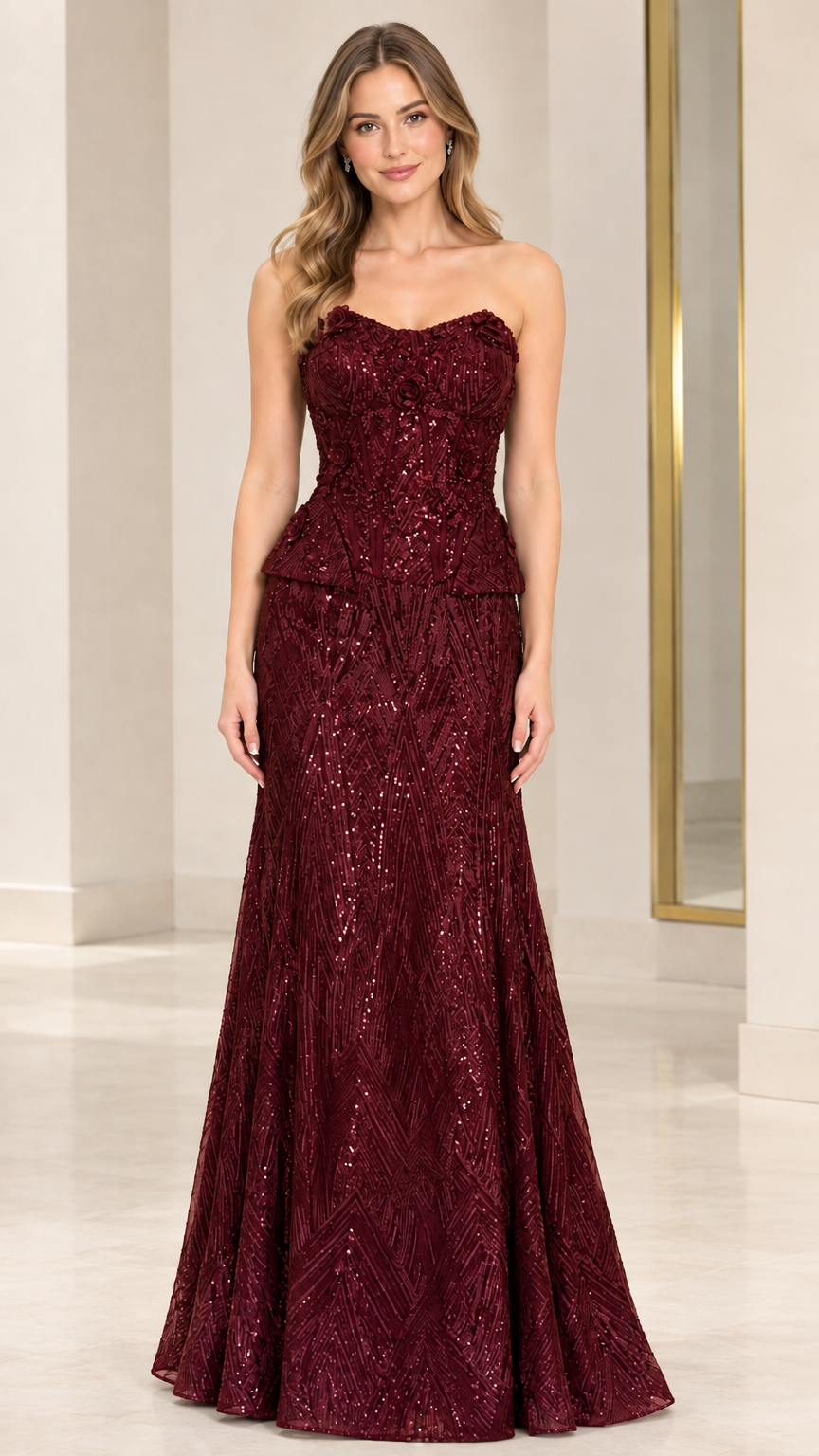 Burgundy strapless sequin peplum formal dress front view