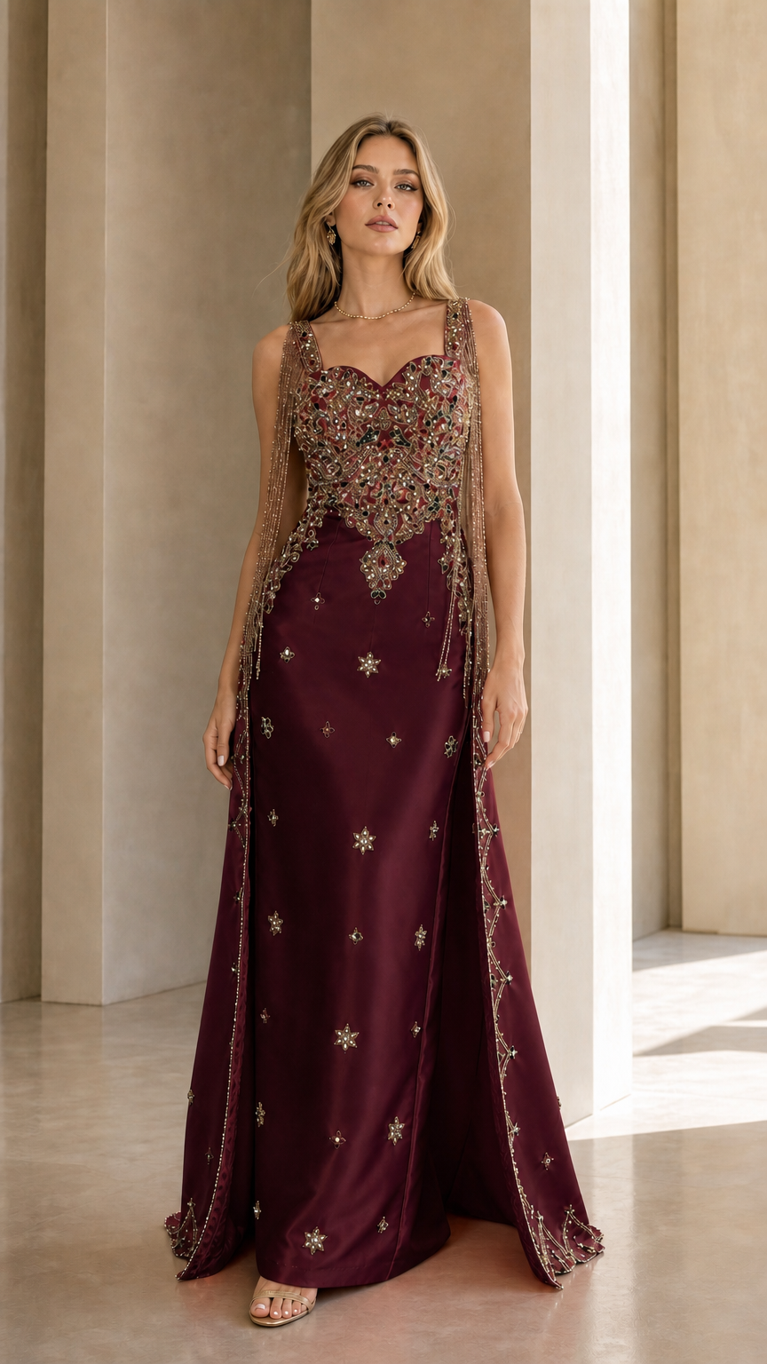 Burgundy variant of the embellished evening gown