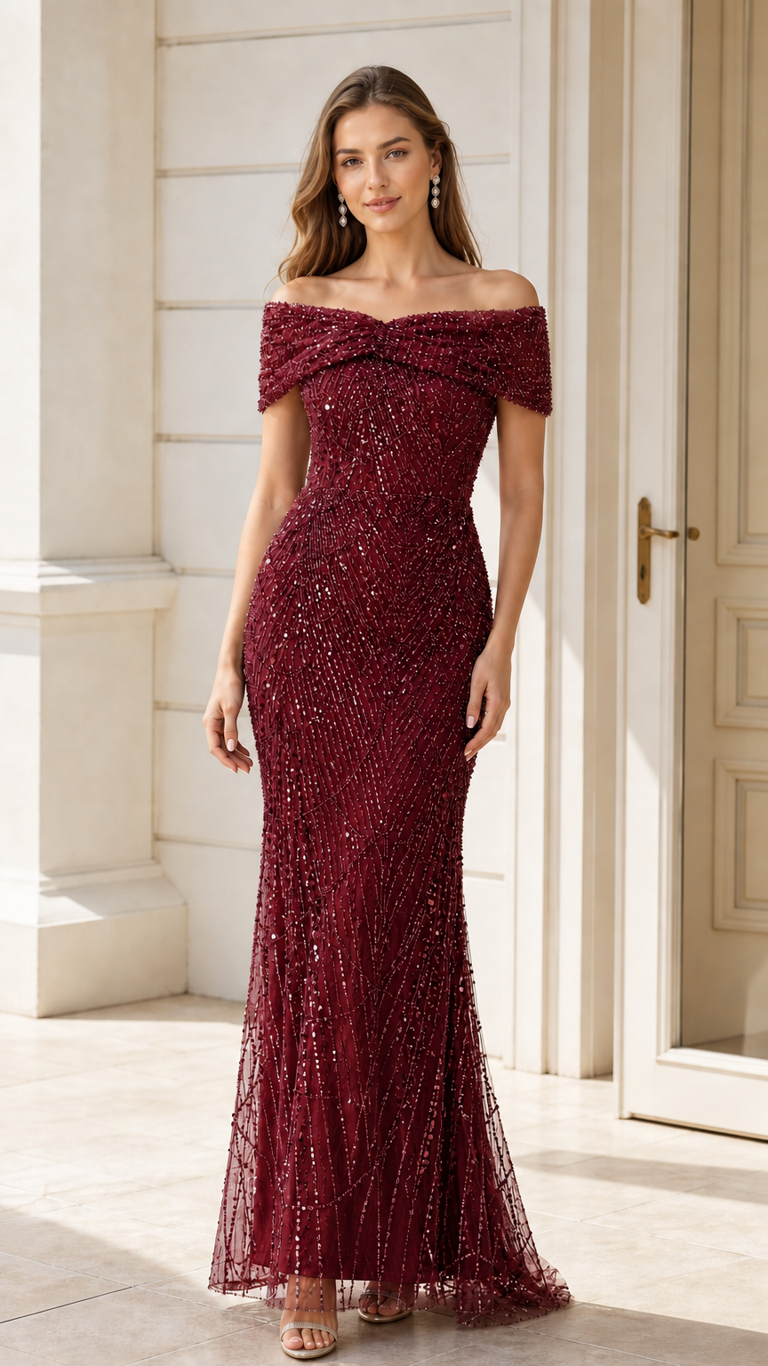 Front view of burgundy red off-the-shoulder sequin evening gown
