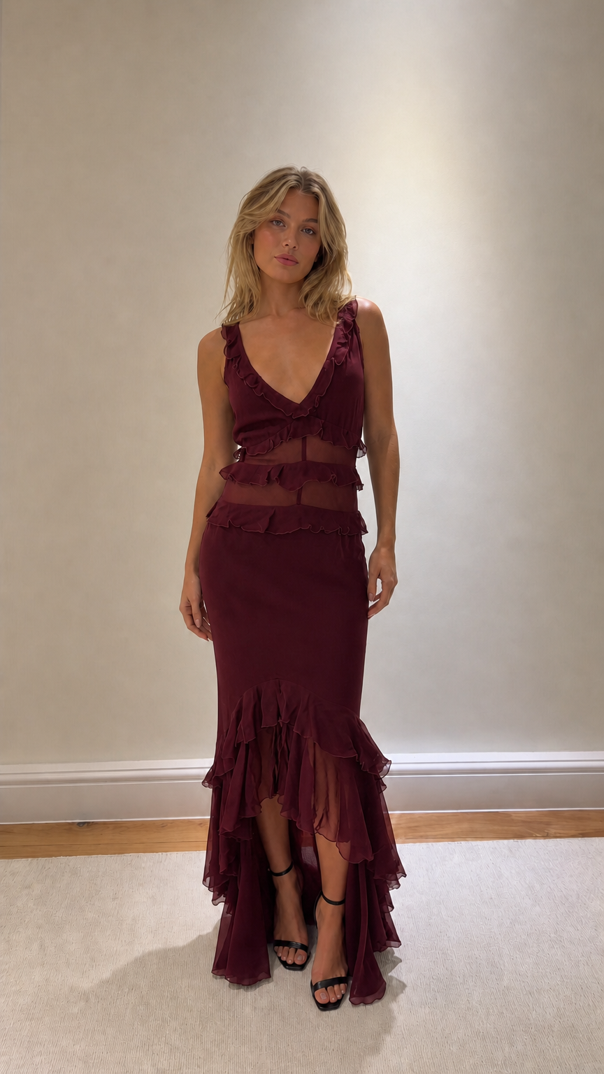 Burgundy ruffled tiered maxi dress on model