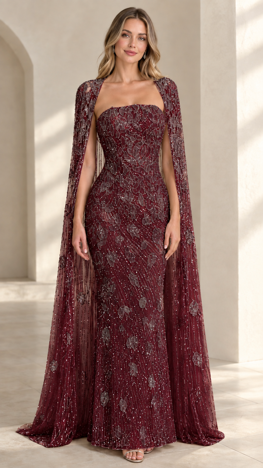Front view of burgundy wine beaded strapless formal evening dress with cape