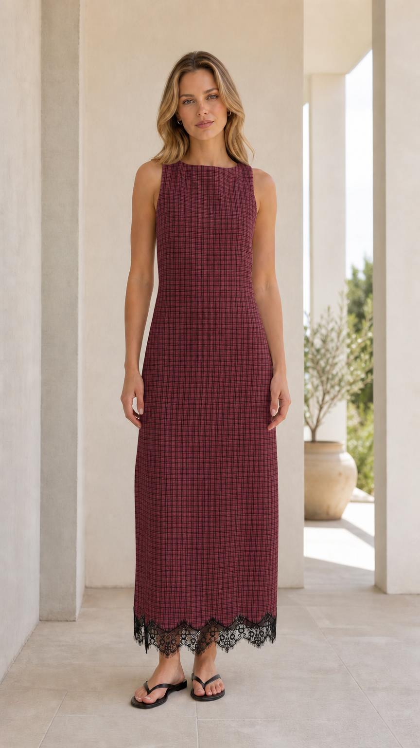 Front view of model wearing burgundy gingham midi dress