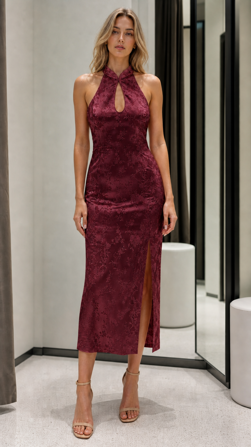 Front full view of burgundy floral jacquard midi dress