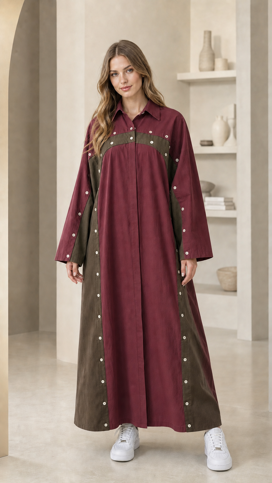 Burgundy and dark contrast long sleeve casual maxi dress