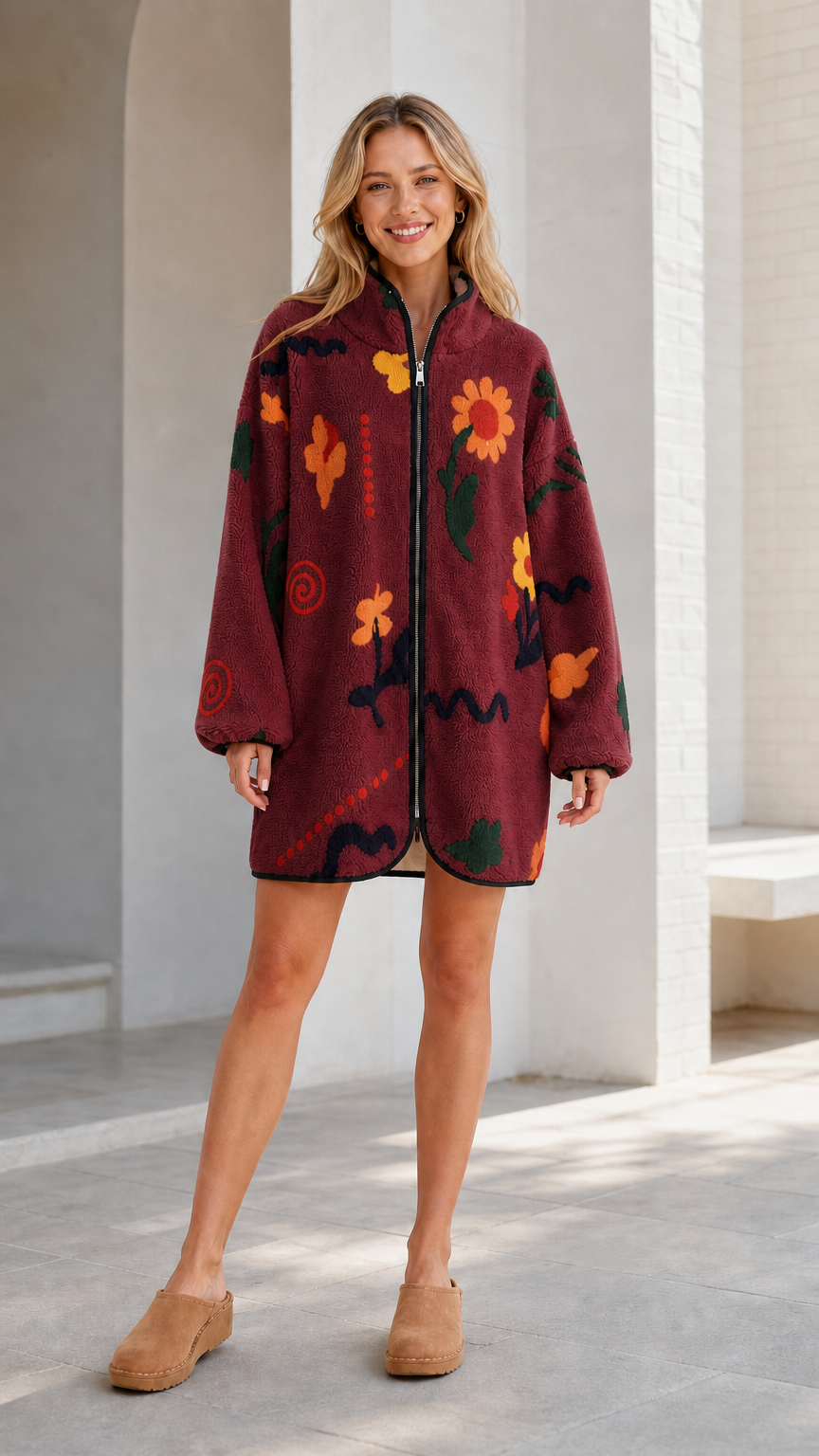 Front view of a burgundy women's floral printed fleece zip-up jacket