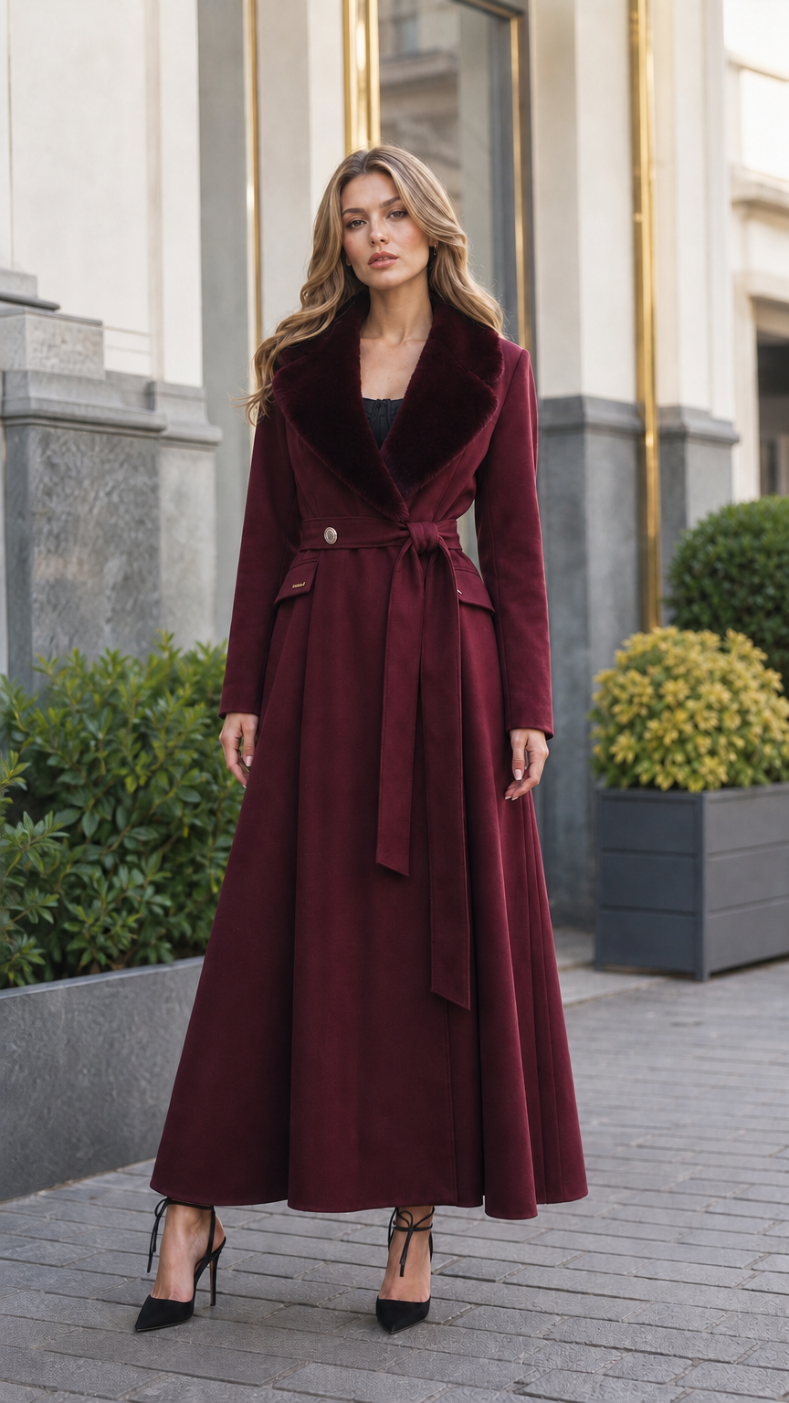 Model wearing rich burgundy wine red ankle-length coat with dark plush collar